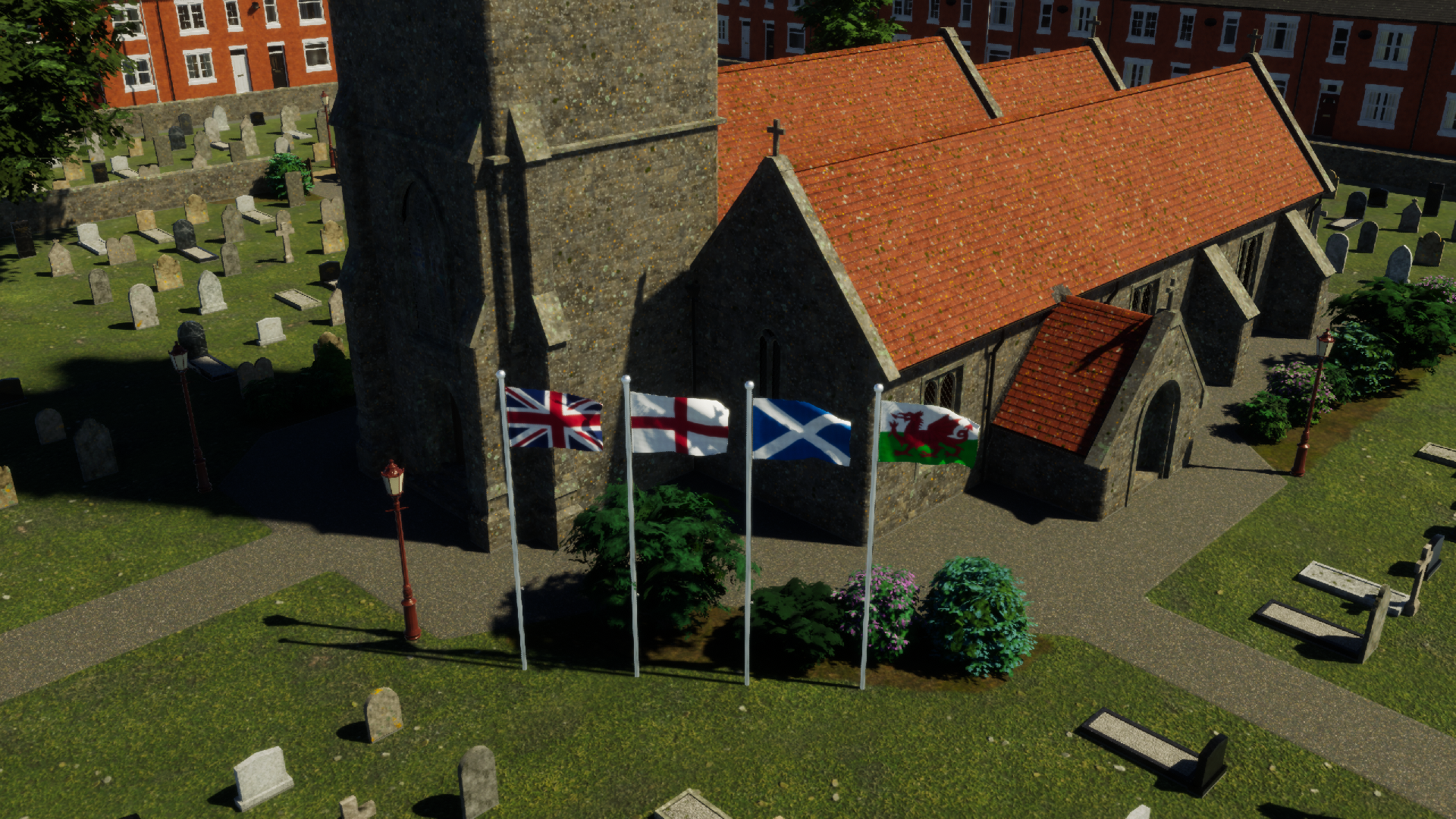 In-game example: UK, England, Scotland and Wales flags outside a church